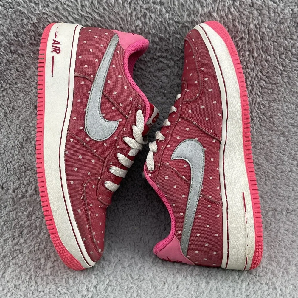 Nike Air Force 1 Shoes Youth 6.5 Red Pink‎ Dot Canvas Sports Casual Streetwear
